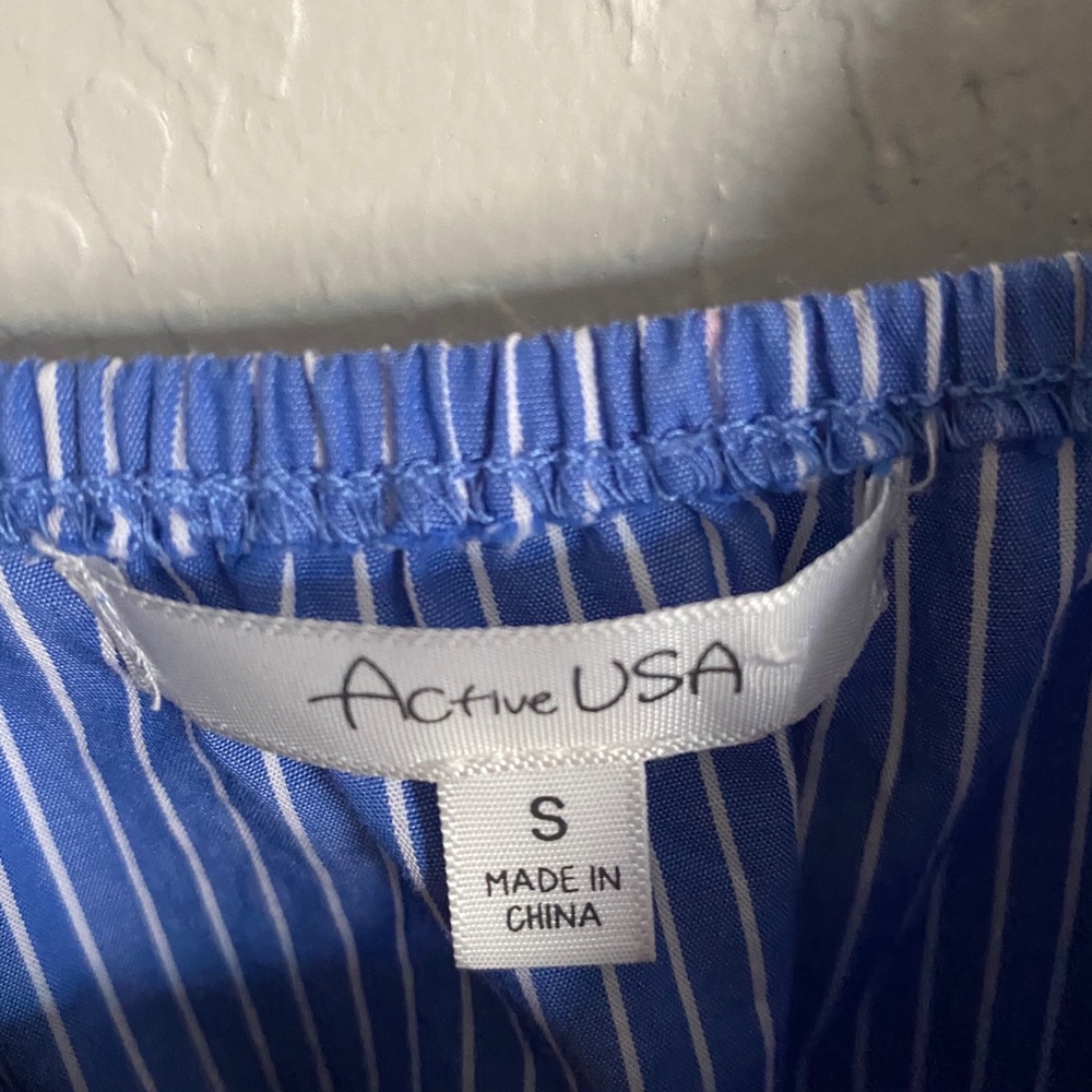 ACTIVE USA Light Blue & White Pinstripe Cinch Waist Romper Size Small - Picture 6 of 14